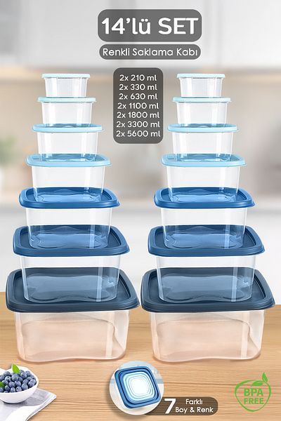 Meleni Home Set of 14 Square Food Storage Containers - Deep Freezer Microwave Compatible Storage Container Blue