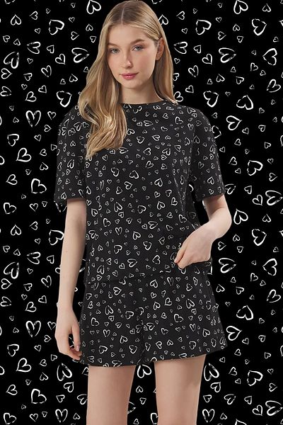 Trendyol Collection Black 100% Cotton Heart Shorts Pajamas Set Thmss25Pt00374
