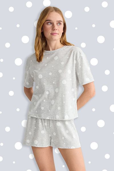 Trendyol Collection Grau Melange Polka Dot Single Jersey gestrickte Pyjamas Set THMSS25PT00144