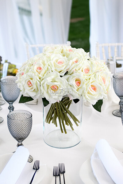 Yapay Çiçek Deposu 10 باقة ورد فاخرة 25 سم مسحوق أبيض