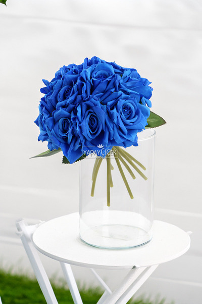 Yapay Çiçek Deposu 10lu Lüx Gul Demeti 25 Cm Saks Mavi