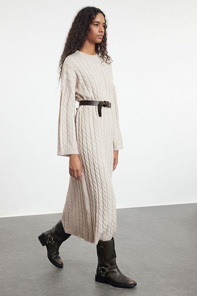 Trendyol Collection Μπεζ Maxi Knitwear Φόρεμα με πλεκτό φαρδύ καλούπι TWOAW25EL00078