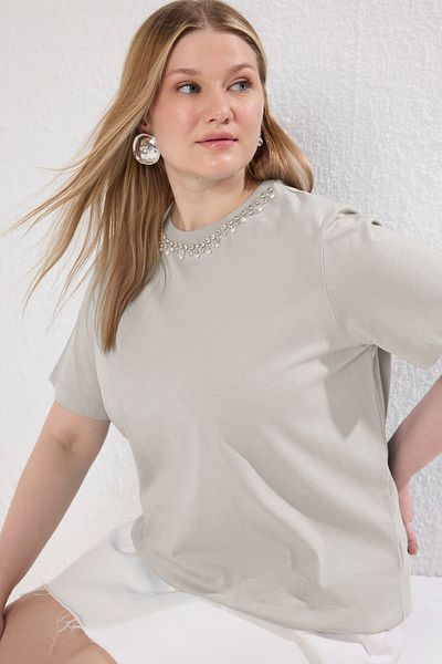 Trendyol Curve Boyfriend Fit Stone Tričko Plus veľkosti 100% bavlna pletené