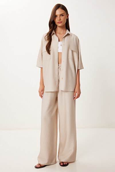 Happiness İstanbul Női Stone ráncos hatású szőtt ing nadrág szett MX00207