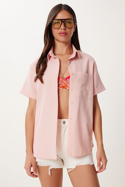 Happiness İstanbul Women's Light Pink Short Sleeve Pique Knitted Shirt Mx00199