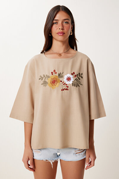 Happiness İstanbul Dámská béžová květinová vyšívaná letní lněná halenka FI00002