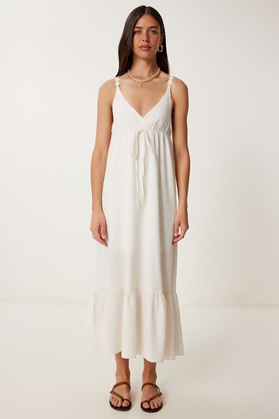 Happiness İstanbul Women's Stone Strap Flounced Summer Linen Dress Rg00066
