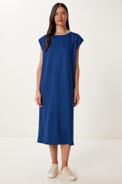 Happiness İstanbul Women's Navy Blue Padded Basic Summer Knitted Dress Zv00332