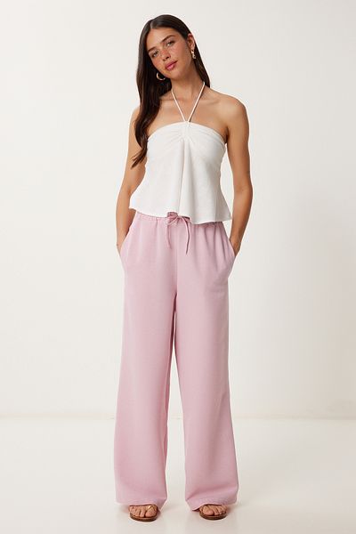 Happiness İstanbul Women's Candy Pink Wide Leg Linen Trousers Dp00261