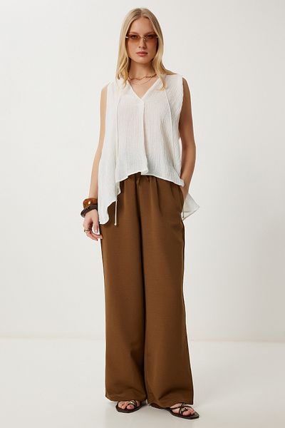 Happiness İstanbul Women's Brown Wide Leg Linen Trousers Dp00261