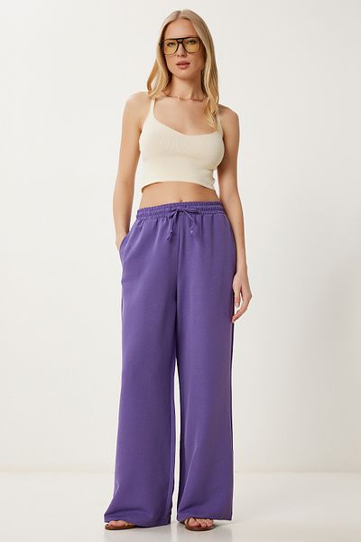 Happiness İstanbul Women's Purple Wide Leg Linen Trousers Dp00261