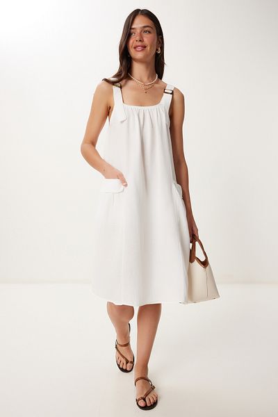 Happiness İstanbul Women's Ecru Linen Blended Light See-Through Beach Dress Gx00009