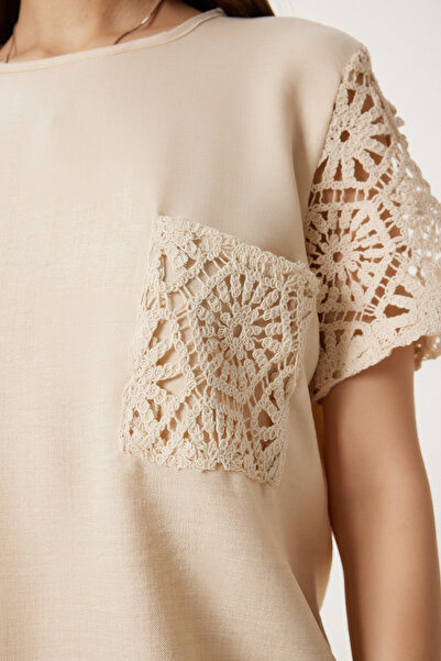 Happiness İstanbul Női krémszínű csipke részletes vászonblúz OK00070