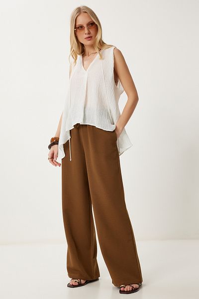 Happiness İstanbul Women's Brown Wide Leg Linen Trousers Dp00261