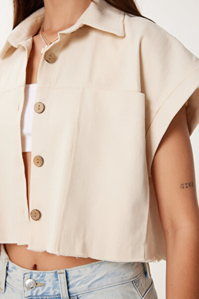 Happiness İstanbul Γυναικείο Κρεμ Λινό Crop Πουκάμισο με Τσέπες ZH00056