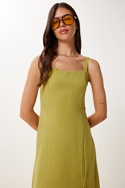 Happiness İstanbul Γυναικείο λινό με λουράκι λαδιού με μικτό καλοκαιρινό υφαντό φόρεμα ZH00053