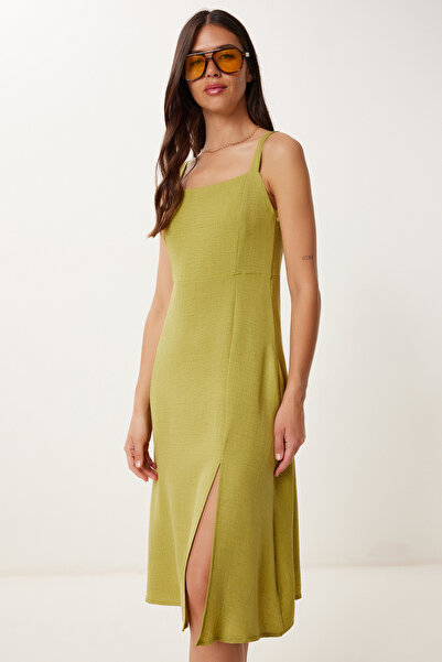 Happiness İstanbul Γυναικείο λινό με λουράκι λαδιού με μικτό καλοκαιρινό υφαντό φόρεμα ZH00053