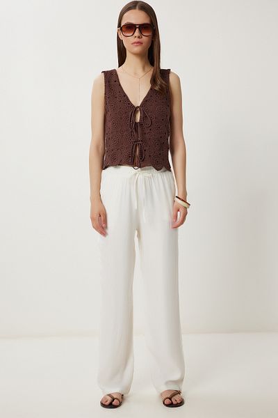 Happiness İstanbul Women's Ecru Patterned Summer Viscose Trousers Wf00110