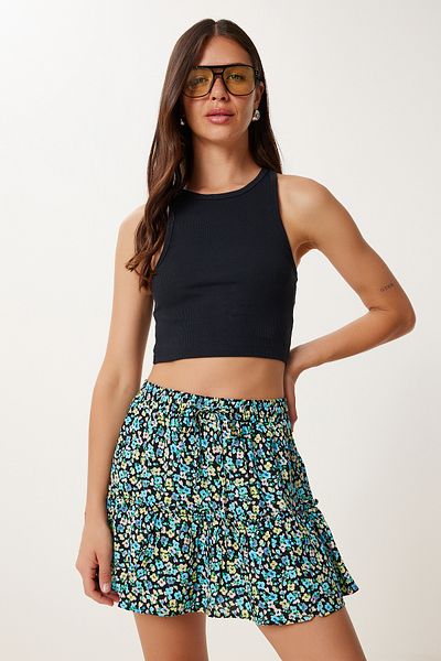 Happiness İstanbul Fusta mini pantaloni scurți cu imprimeu floral negru albastru pentru femei HK00043