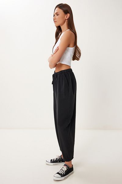 Happiness İstanbul Women's Black Pocket Gabardine Shalwar Trousers Mx00205