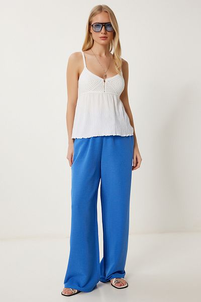 Happiness İstanbul Blaue Leinenhose mit weitem Bein für Damen DP00261