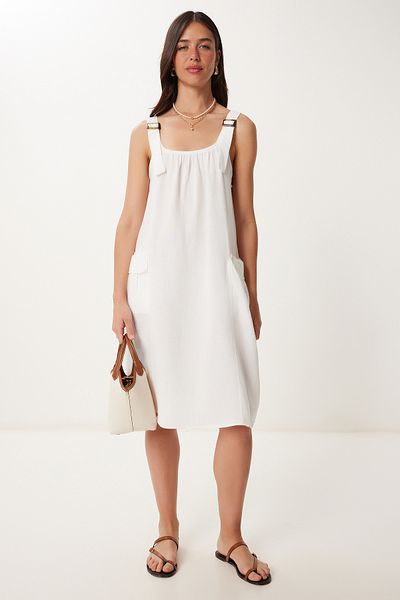 Happiness İstanbul Women's Ecru Linen Blended Light See-Through Beach Dress Gx00009