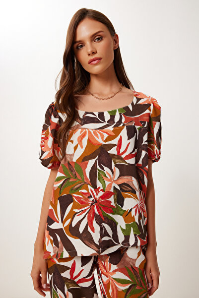 Happiness İstanbul Γυναικείο καφέ μοτίβο λινό μπλούζα παντελόνι με μοτίβο λινό Fİ00001