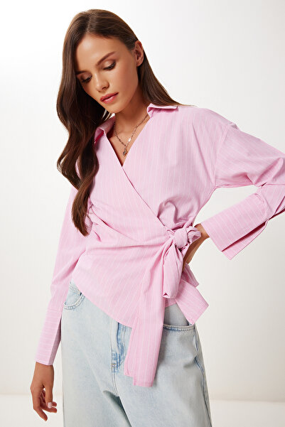 Happiness İstanbul Dámská růžová košile s límečkem a pruhovaným zavinovacím popelínovým lemem DP00244