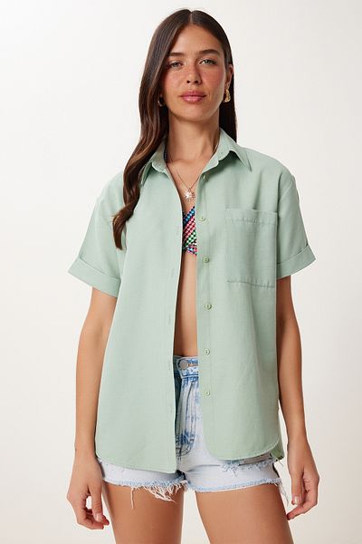 Happiness İstanbul Women's Green Short Sleeve Pique Knitted Shirt Mx00199