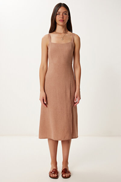 Happiness İstanbul Women's Biscuit Strap Linen Blend Summer Woven Dress Zh00053