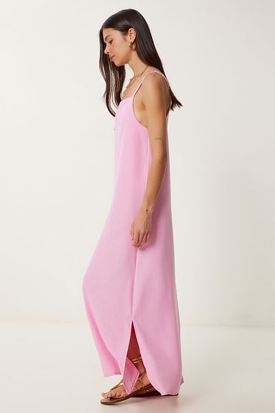 Happiness İstanbul Women's Pink Strap Summer Linen Dress Dz00129