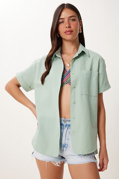 Happiness İstanbul Women's Green Short Sleeve Pique Knitted Shirt Mx00199