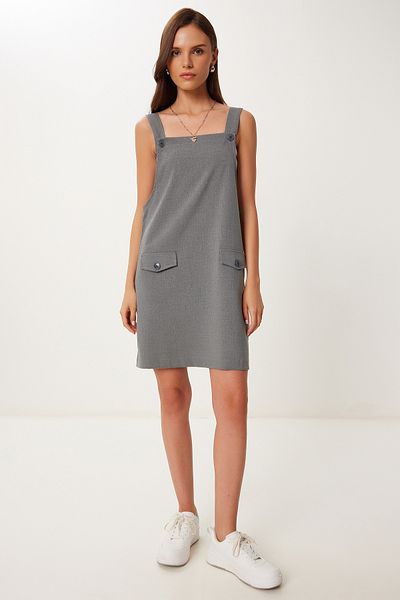 Happiness İstanbul Anthrazitfarbenes Mini-Web-Salopet-Kleid für Damen MX00208