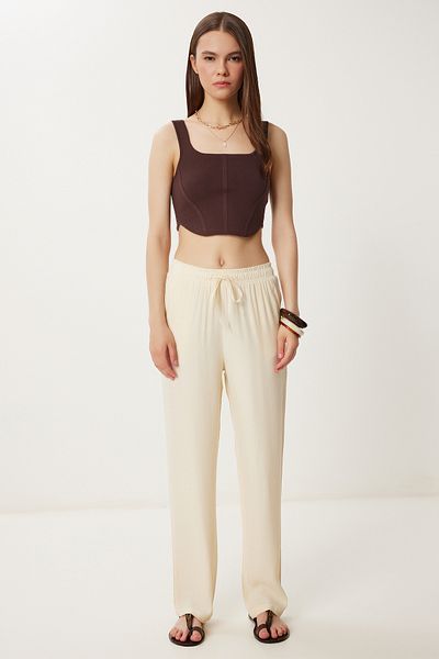 Happiness İstanbul Women's Cream Patterned Summer Viscose Trousers Wf00110