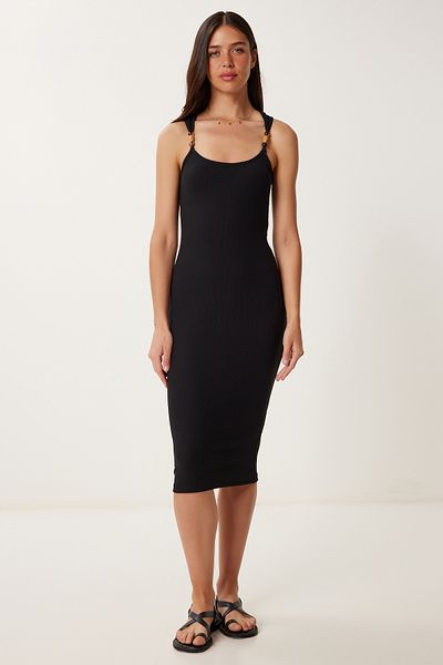 Happiness İstanbul Women's Black Beaded Ribbed Knitted Dress Ns00412