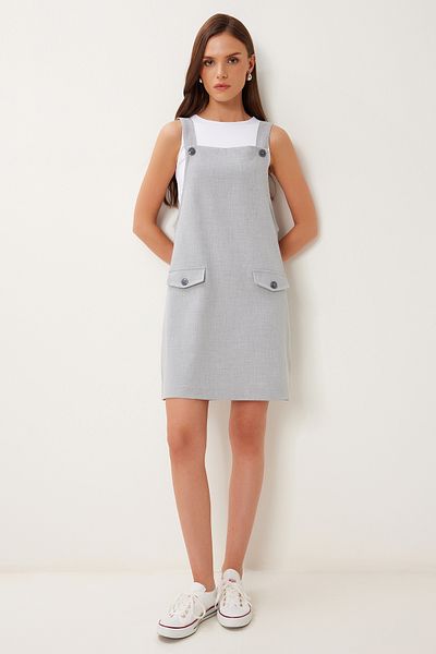 Happiness İstanbul Graues Mini-Web-Salopet-Kleid für Damen MX00208