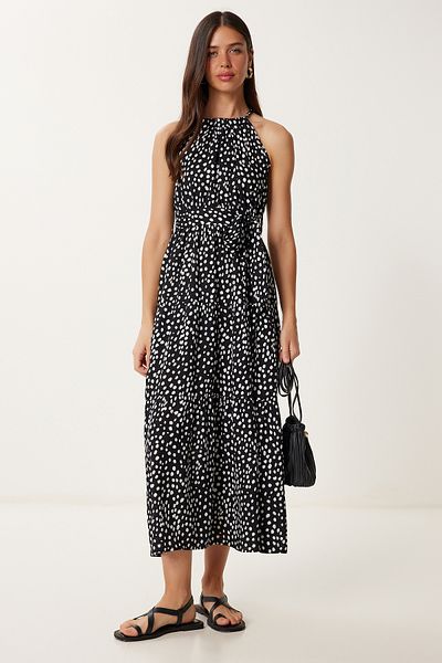 Happiness İstanbul Rochie midi de vară cu model alb-negru pentru femei ZV00303