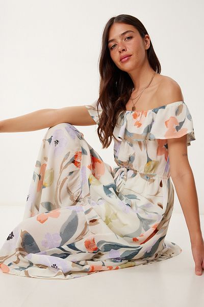 Happiness İstanbul Women's Stone Lilac Carmen Collar Patterned Summer Linen Dress Rg00057