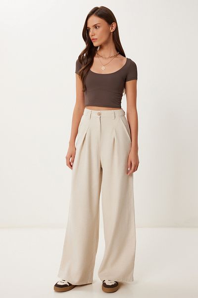 Happiness İstanbul Women's Cream Linen Blend Wide Leg Pants Mx00211
