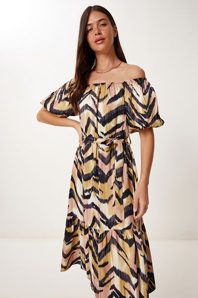 Happiness İstanbul Rochie de vară midi cu suprafață din satin cu model galben negru MX00203