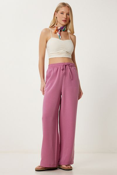 Happiness İstanbul Women's Dark Pink Wide Leg Linen Trousers Dp00261