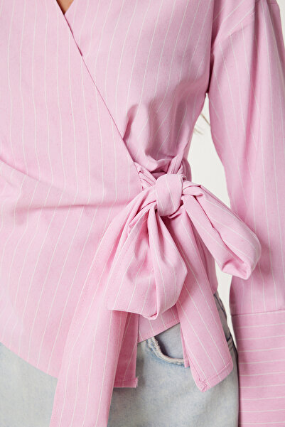 Happiness İstanbul Dámská růžová košile s límečkem a pruhovaným zavinovacím popelínovým lemem DP00244