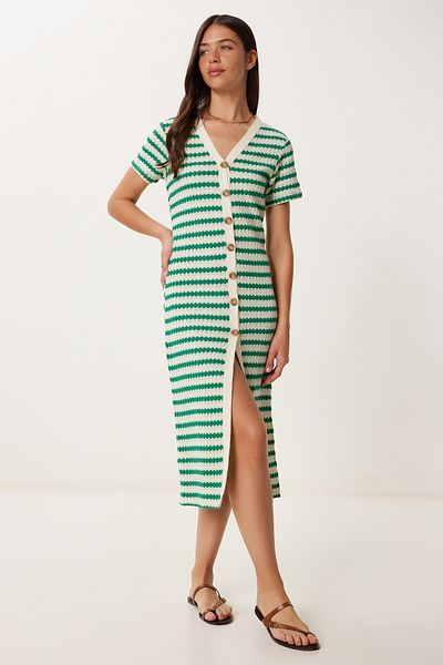 Happiness İstanbul Women's Green Cream Striped Crochet Embroidered Mercerized Knitwear Dress Hk00044