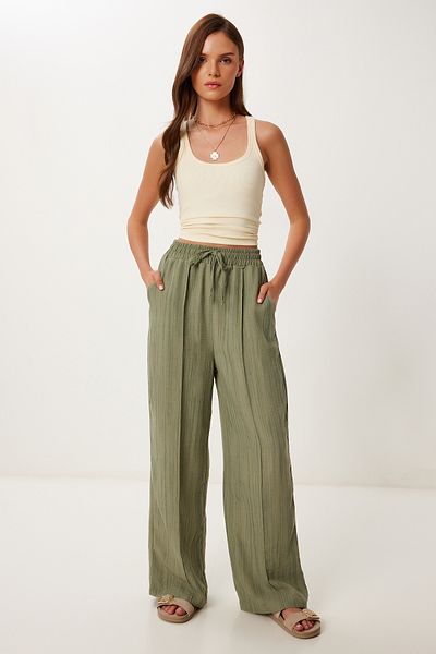 Happiness İstanbul Khaki gemusterte Palazzo-Hose aus strukturiertem Leinenmischgewebe für Damen MX00209