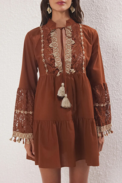 Trendyol Collection Dark Brown Woven 100% Cotton Lace Mini Beach Dress Tbess20El0862