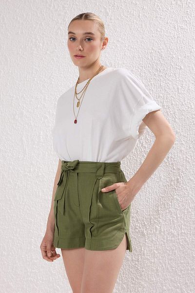 Trendyol Collection Light Khaki Linen Look Belted Shorts & Bermuda Twoss25Sr00224