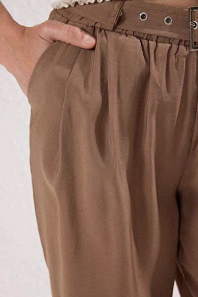 Trendyol Collection Beige Modal Soft Texture Belted Wide Leg Pants Twoss25Pl00112