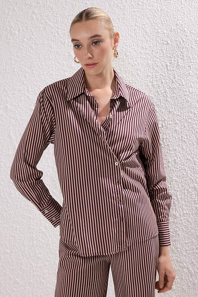 Trendyol Collection Burgundy Striped Woven Button Closure Shirt Pants Bottom-Top Suit Twoss25Au00113