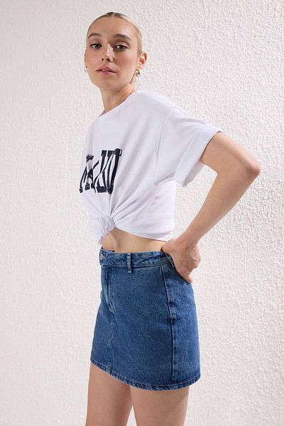 Trendyol Collection Dark Blue High Waist Mini Denim Shorts Skirt Twoss25Sr00079