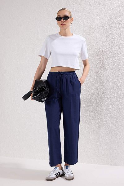 Trendyol Collection Navy Blue Matte Textured Elastic Waist Trousers Twoss25Pl00120